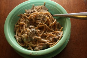 A bowl of beef mushroom stroganoff