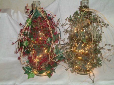 Photos of wine bottle lamps with decorations.