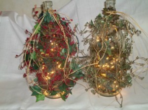 Photos of wine bottle lamps with decorations.