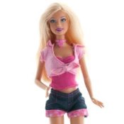Cleaning Barbie Clothes, Barbie doll wearing pink top and jean shorts.