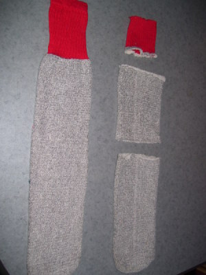 Photo of tube socks with one cut as per directions.