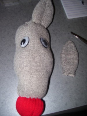 Partially completed deer head with one ear still to attach.