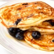 Blueberry pancakes on a plate.