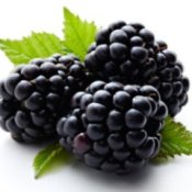 Three blackberries with leaves.