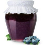 Jar of blueberry jam with white fabric top.