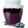 Jar of blueberry jam with white fabric top.