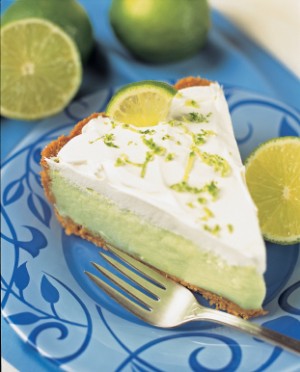 Slice of Key Lime Pie on Blue Plate with Fork