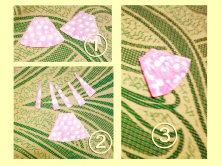 Three images of the pink skirt making step of the sister card