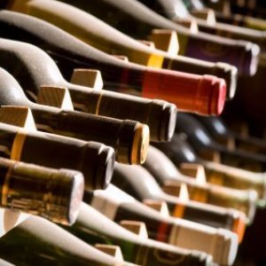 Wine bottles on a wine rack.