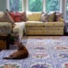 Cat lying on a throw rug in the livingroom.