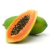 Papaya cut in half leaning against an uncut papaya
