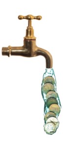 Photo of faucet pouring money.