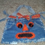 Finished Halloween jean bag, complete with face and belt. 