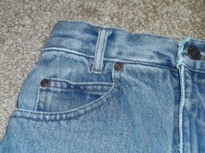 Close up of blue jeans pocket area.
