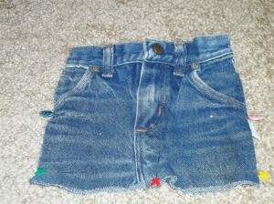 Cut off pair of blue jeans. 