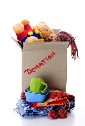 A box of donated household goods.