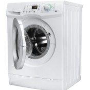 A front loading washing machine with the door open.