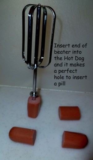 Mixer beater stuck in one piece of hot dog.