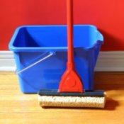 Mop and bucket leaning up against a red wall.
