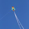 Homemade kite with long double tail against the sky.