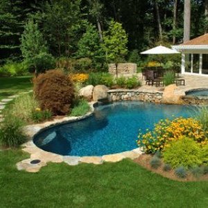 Lanscaping around a swimming pool.