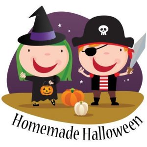 Illustration of two kids in costumes.  A witch and a pirate.