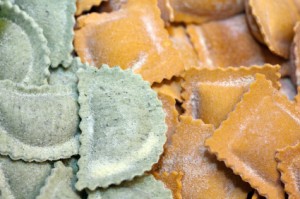 Two colors of frozen ravioli.