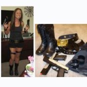 Girl Posing in Her Lara Croft Costume with Accessories on Side