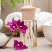 Reed diffuser and violets.