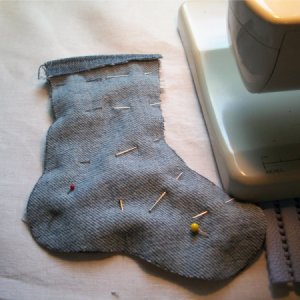 Two sides of stocking pinned with right sides together.