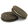Two Oreo cookies on a white background.