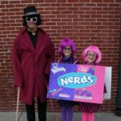 Two Little Girls in Nerds Box Costume Next to Wonka