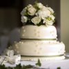 Two tiered wedding cake with flowers on top.