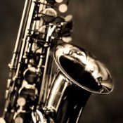 Closeup of a saxophone.