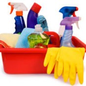 Homemade Softscrub Cleaner Recipe, Photo of cleaning bucket and supplies.