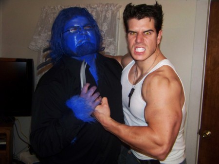 A X-Men Wolverine costume posing with a blue Beast costume. 