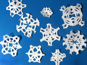 Photo of paper snowflakes.
