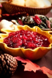 Cranberry Relish in Yellow Dish at Thanksgiving Dinner Table