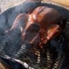 A whole turkey in a smoker.