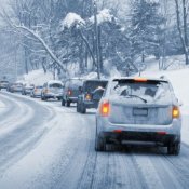 Driving on Icy Roads, Line of traffic on icy road.