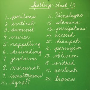 Spelling words on a chalkboard.