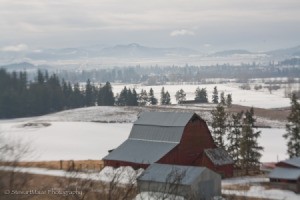 Winter Scenes of Chewelah, WA, Red Barn Looking Down Towards Town
