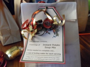 Closeup of soup mix tag tied to ribbon.