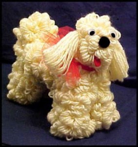 Photo of a finished dog made out of yarn.