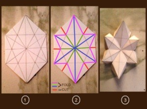 Drawing, cut, and fold lines marked on part two of photo, and photo of folded plain paper star.