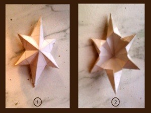 Front and back view of plain paper folded star.