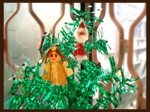 Santa and Angel Ornament on Tree
