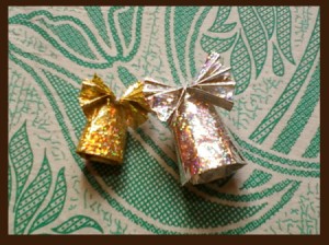 Two completed bells with bows attached.