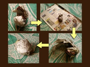 Making newspaper ball.