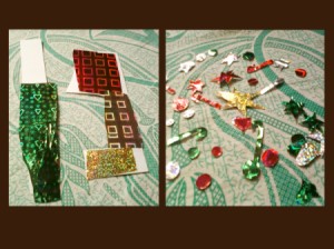 Gluing foil type wrapping paper onto backing and cutting out ornaments.